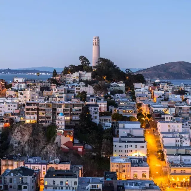 San Francisco's Coit Tower at dusk, 前面是灯火通明的街道，后面是贝博体彩app湾.